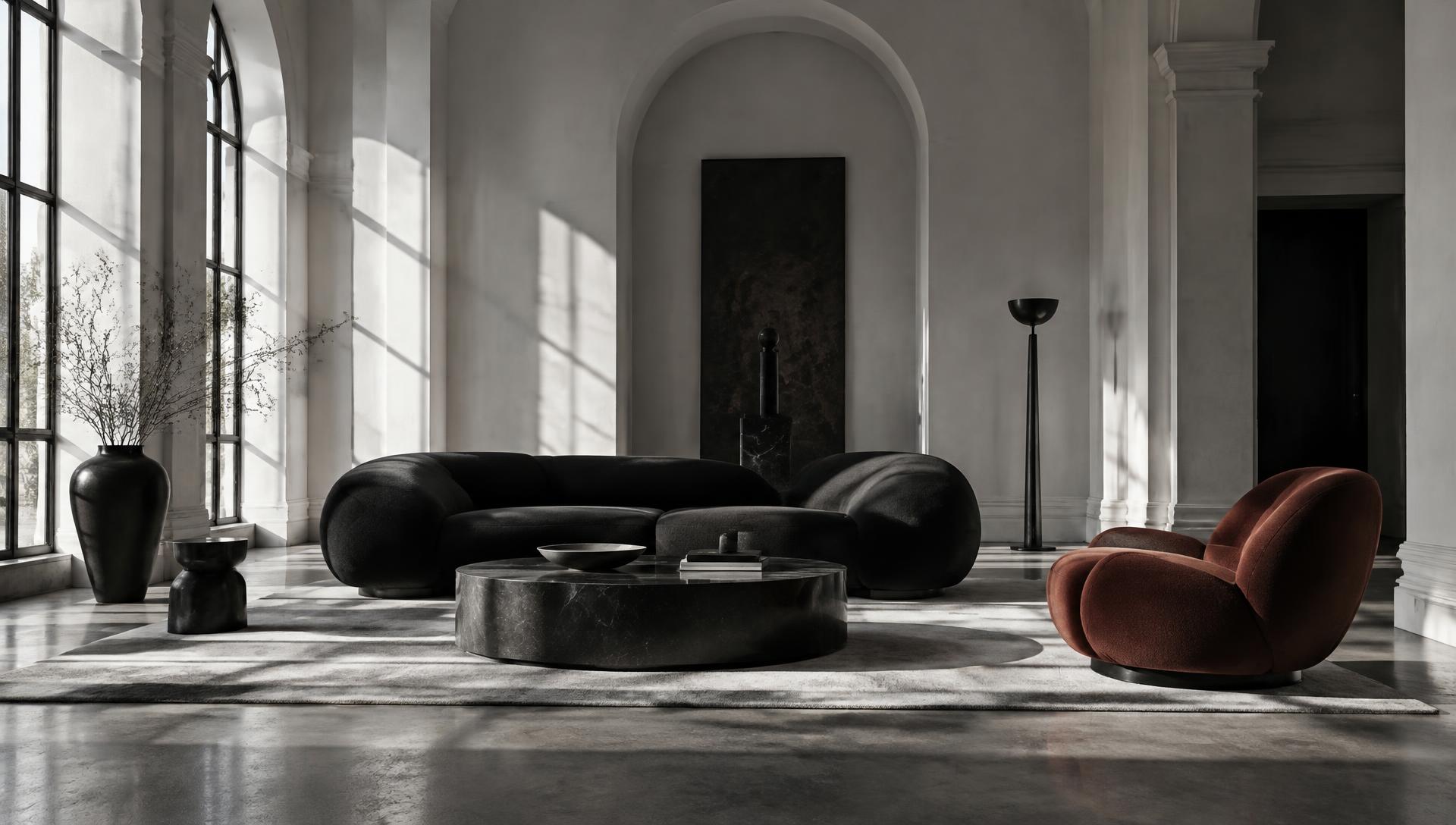 Sculpturaal interieur met rood accent